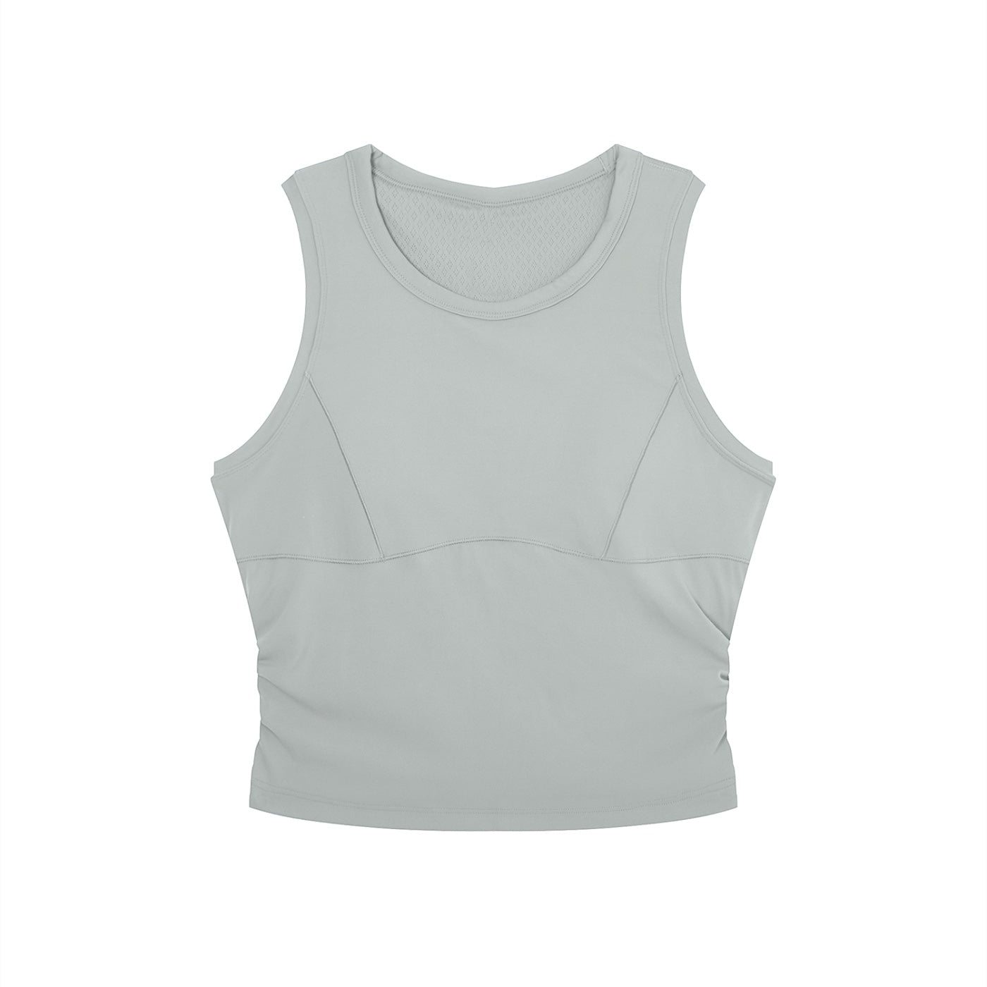 Anointed Garments light grey sleeveless performance crop top with a round neck and moisture-wicking athletic fabric.