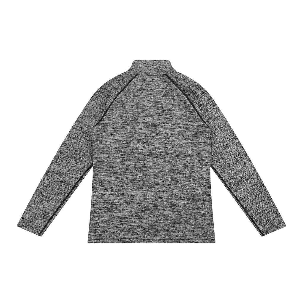 Anointed Garments grey heathered long sleeve quarter zip performance pullover with raglan sleeves and contrast stitching.