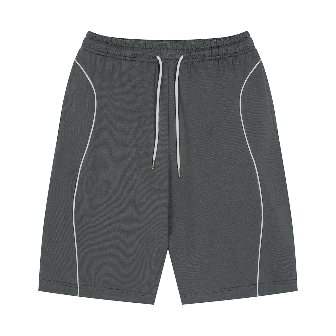 Anointed Garments unisex grey cotton drawstring shorts with white piping detail and elastic waistband.