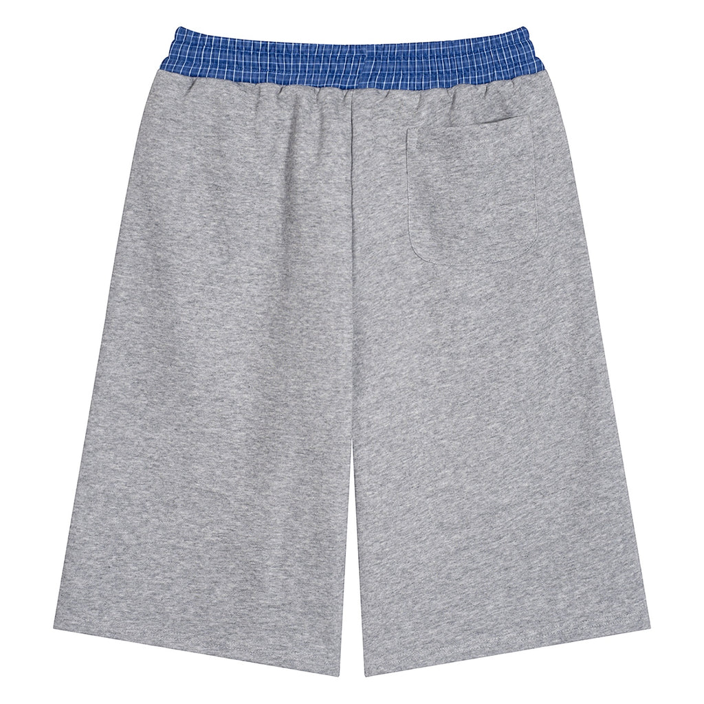 Anointed Garments grey lounge shorts with a blue plaid elastic waistband and a rear patch pocket.