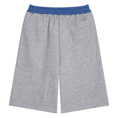 Anointed Garments grey lounge shorts with a blue plaid elastic waistband and a rear patch pocket.