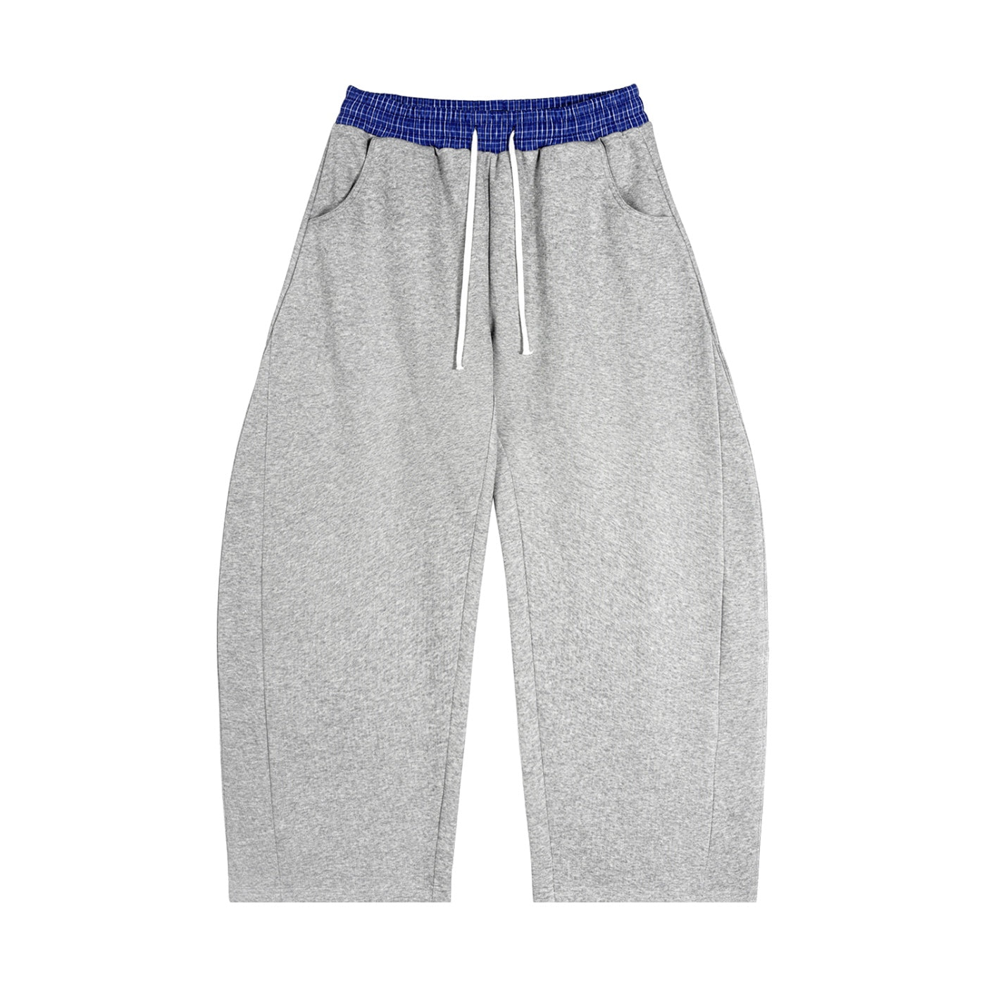 Anointed Garments relaxed fit grey sweatpants with a blue plaid elastic waistband and white drawstring.