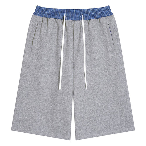 Anointed Garments unisex grey cotton-blend shorts featuring a blue plaid elastic waistband and white drawstring.