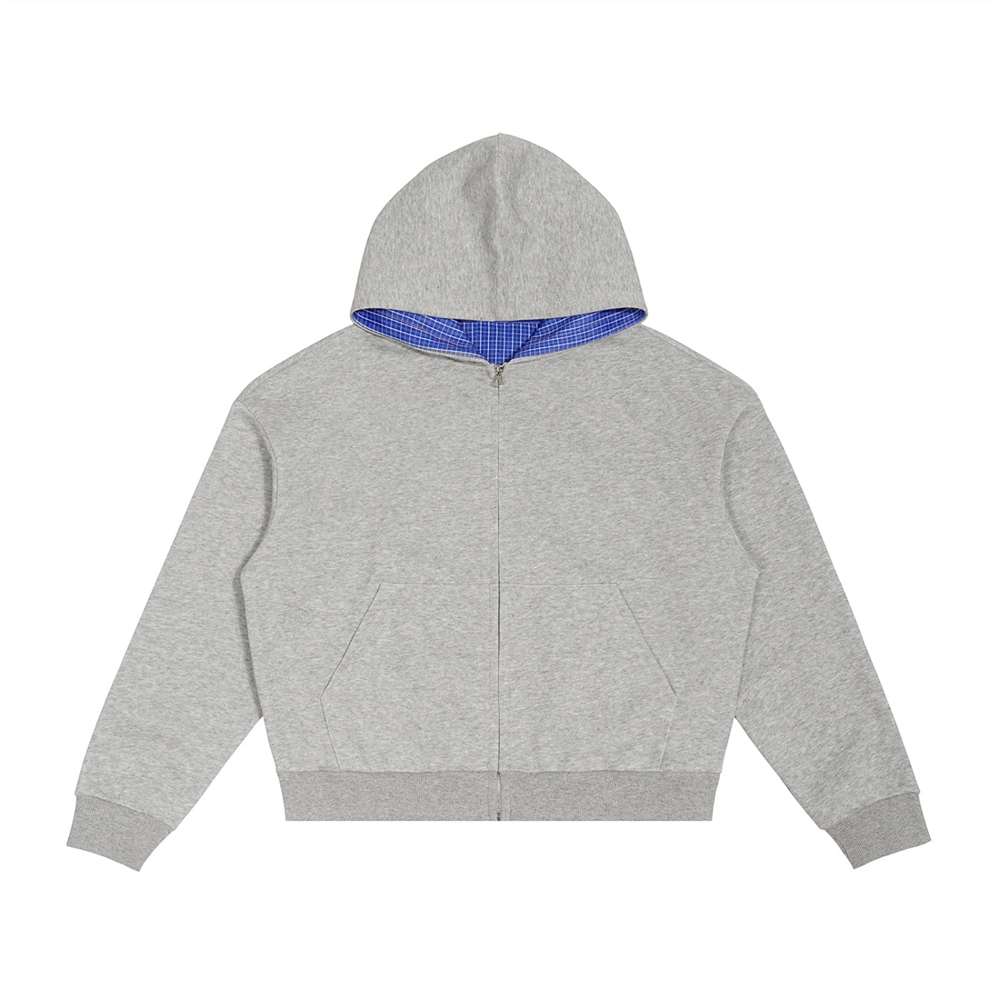 Anointed Garments grey cotton-blend zip-up hoodie with a blue plaid hood lining and a boxy, oversized fit.