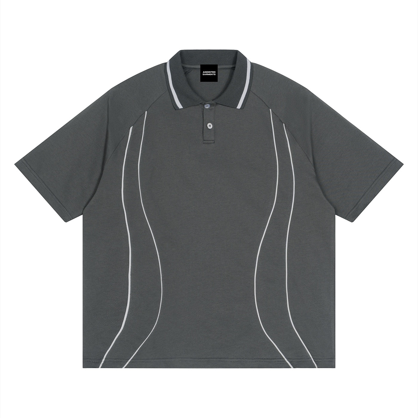 Anointed Garments unisex grey cotton polo shirt with white raglan piping and button-up lapel collar.