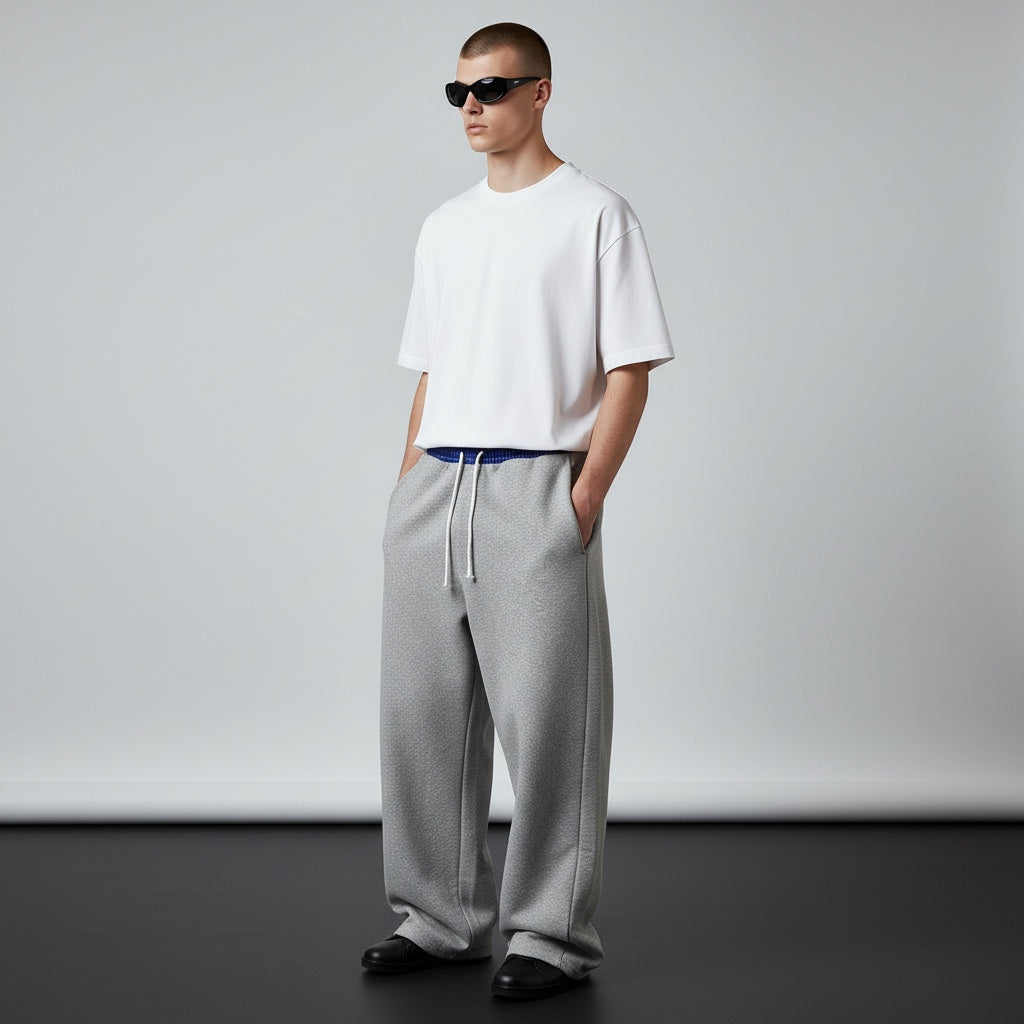 Model wearing Anointed Garments grey relaxed fit lounge sweatpants with a plaid waistband and white drawstring