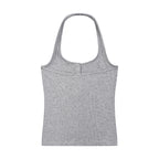 Anointed Garments grey ribbed knit halter neck tank top with a button-front placket and sleeveless design.