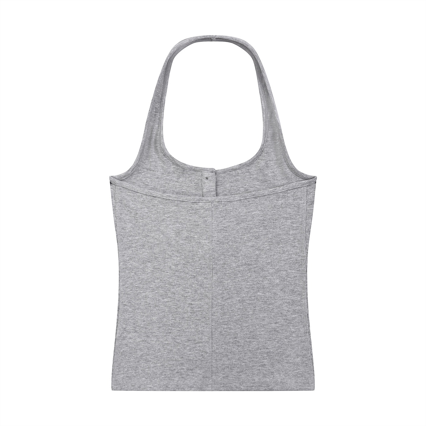 Anointed Garments grey ribbed knit halter neck tank top with a button-front placket and sleeveless design.
