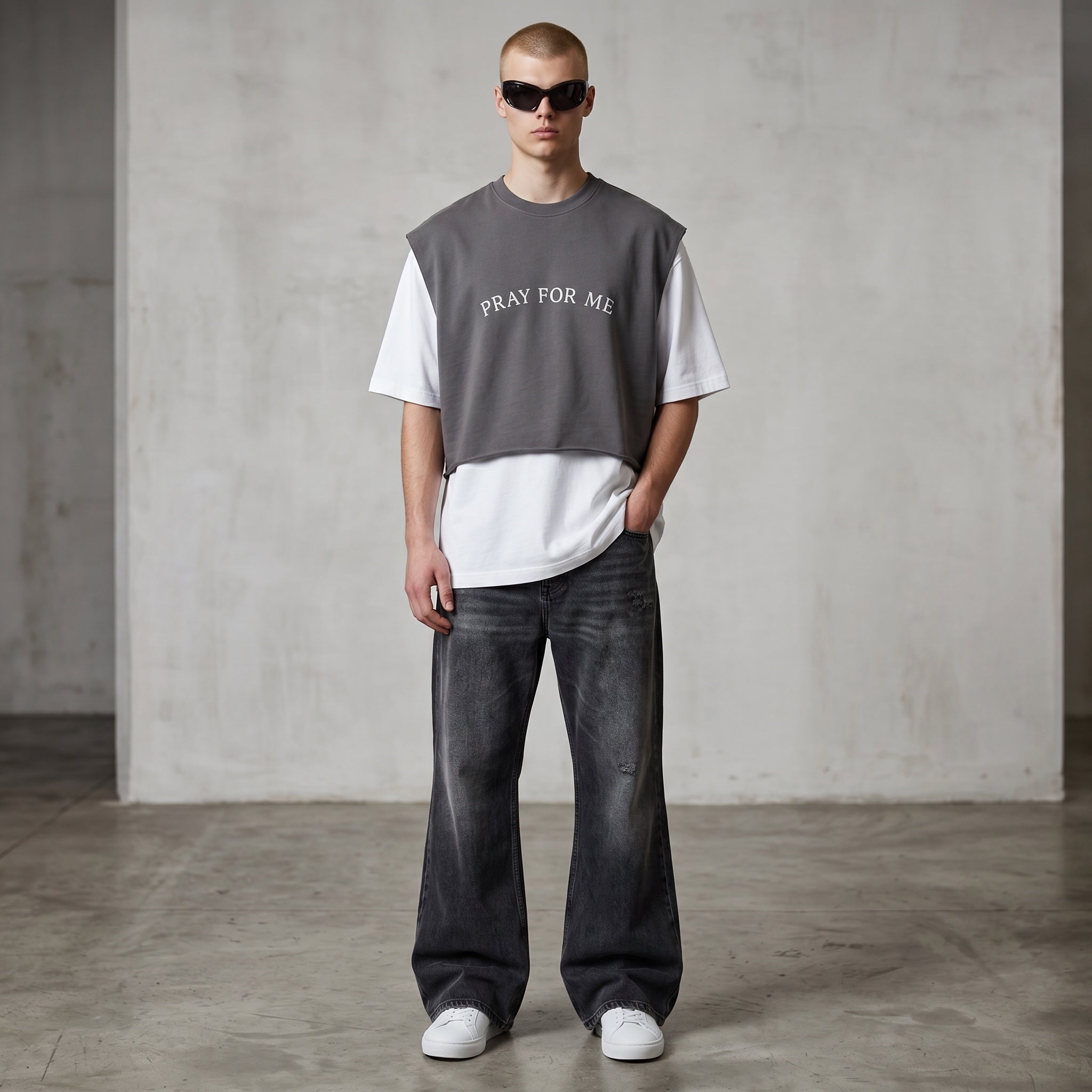 Anointed Garments grey sleeveless crop top with Pray For Me text worn by a model over a white t-shirt and dark jeans