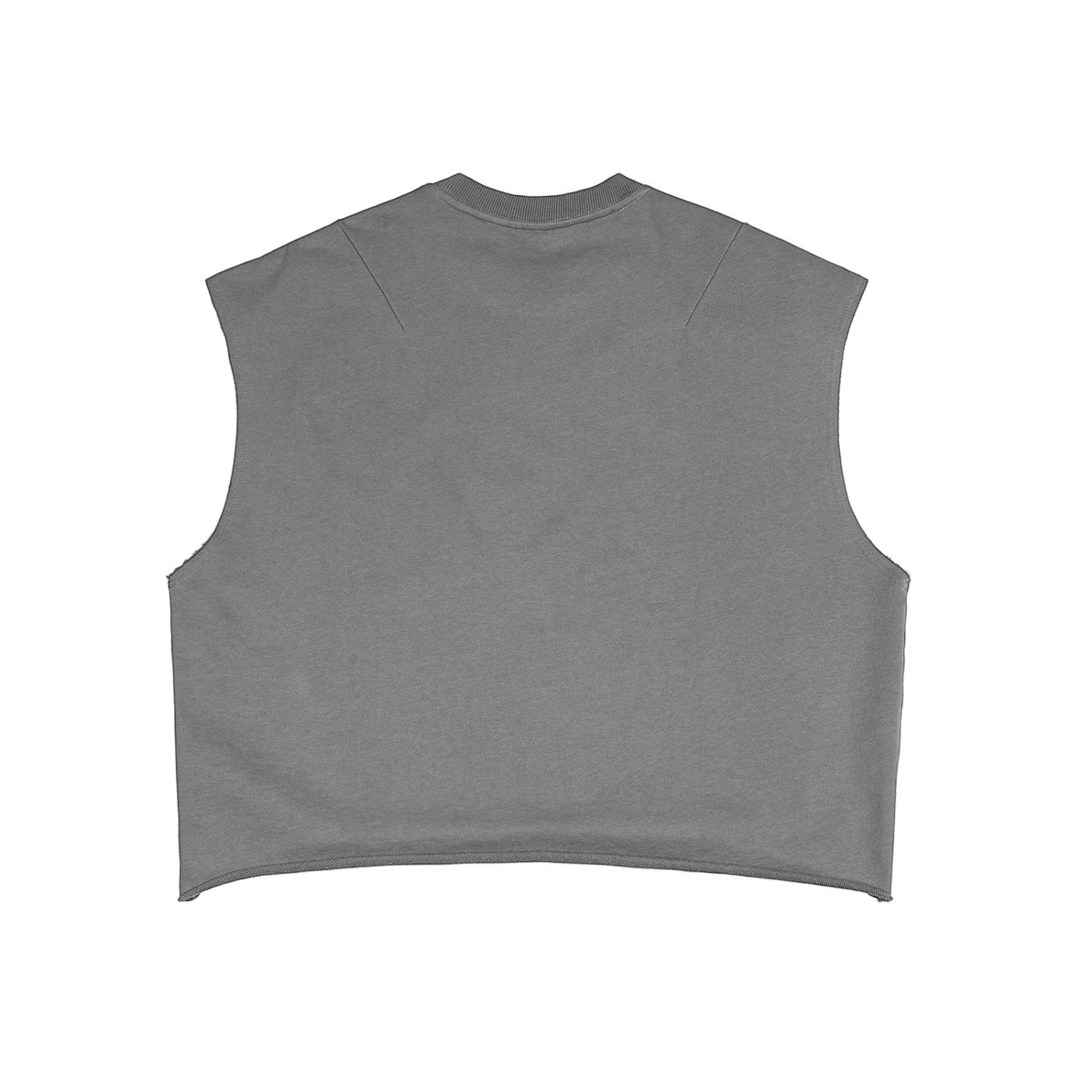 Anointed Garments grey sleeveless crop top with raw-edge armholes and hem in a heavyweight cotton blend