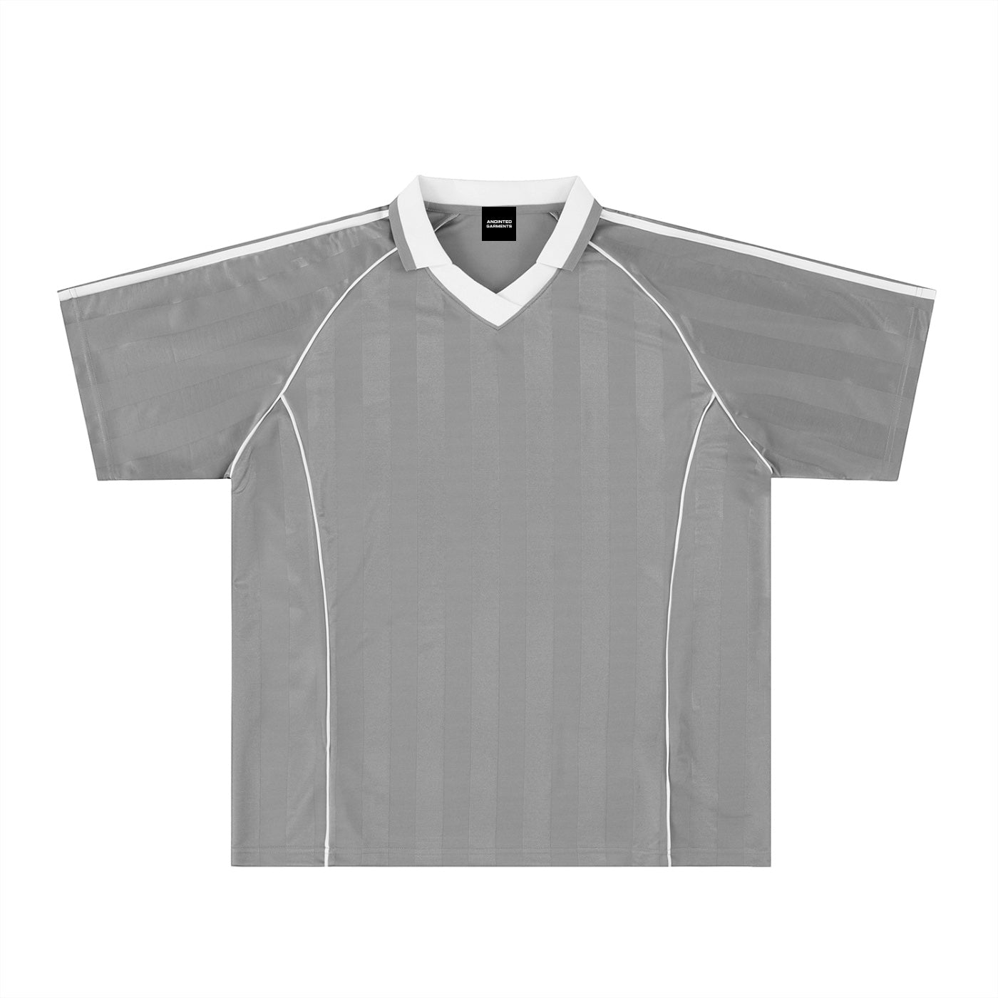 Anointed Garments grey polyester soccer jersey with a white lapel collar, raglan sleeves, and shadow stripe pattern.