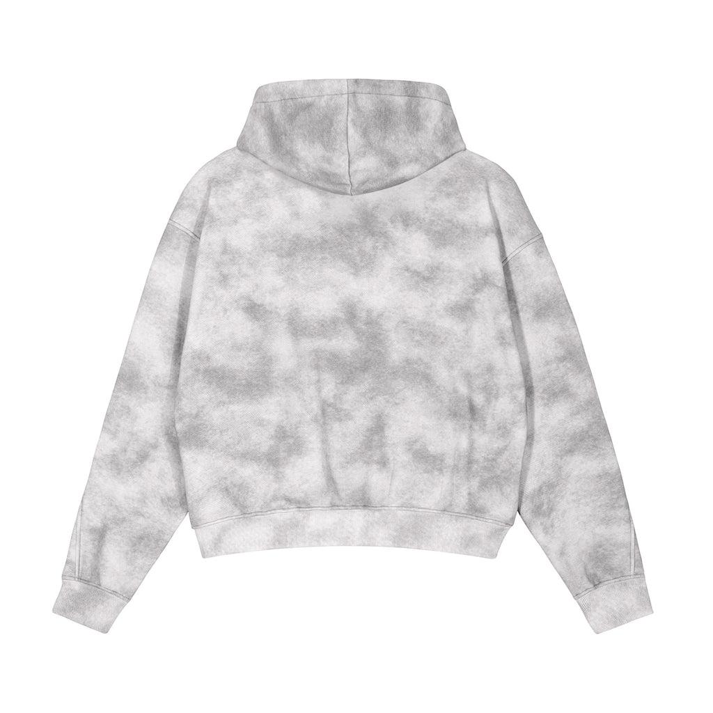 Back view of Anointed Garments unisex washed-grey tie-dye full zip hoodie with a relaxed fit and ribbed hem.