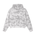 Back view of Anointed Garments unisex washed-grey tie-dye full zip hoodie with a relaxed fit and ribbed hem.