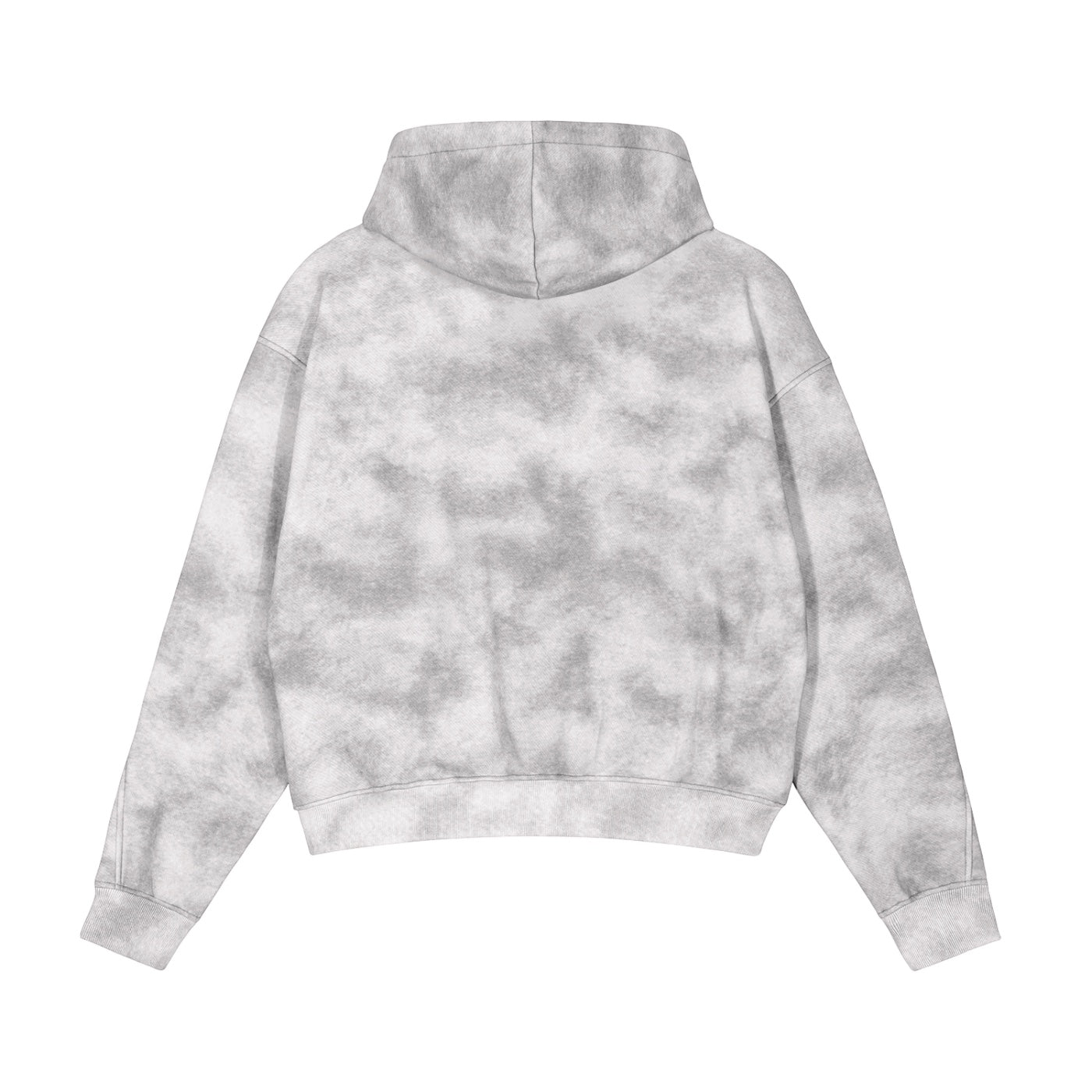 Back view of Anointed Garments unisex washed-grey tie-dye full zip hoodie with a relaxed fit and ribbed hem.