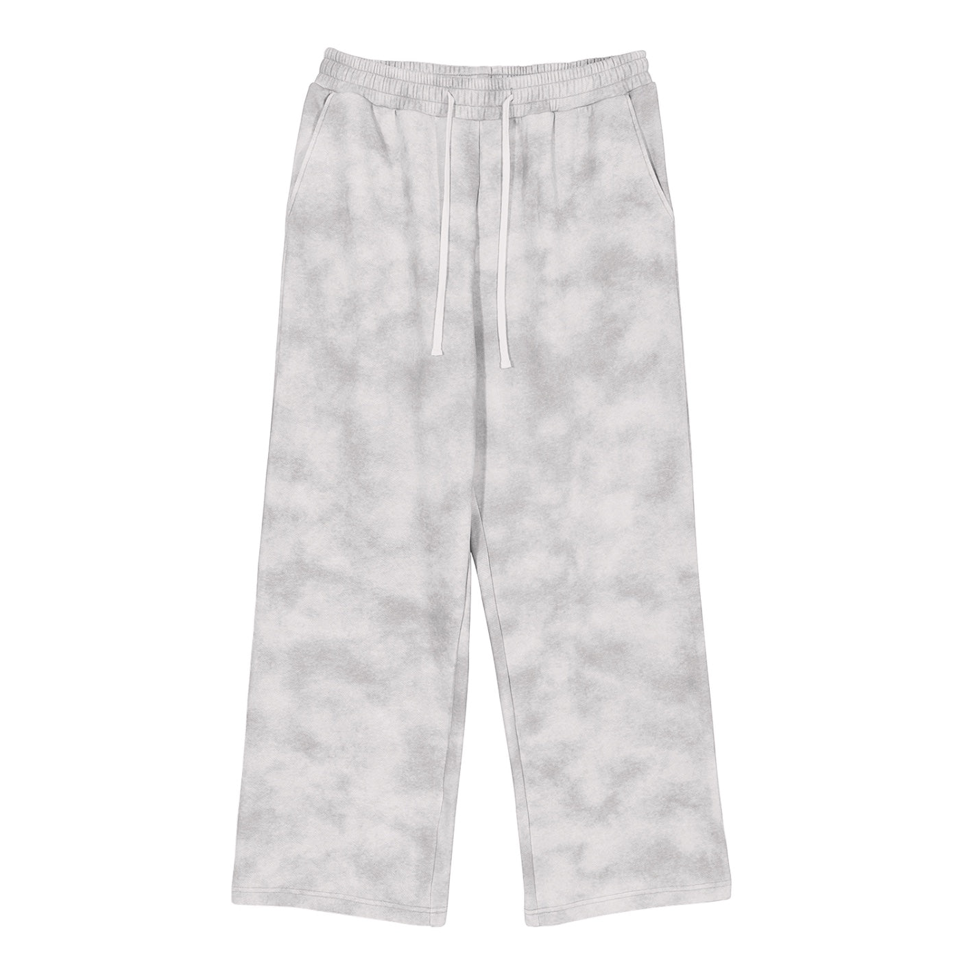 Anointed Garments relaxed fit lounge pants in a grey tie-dye wash with a drawstring waist and wide-leg silhouette.