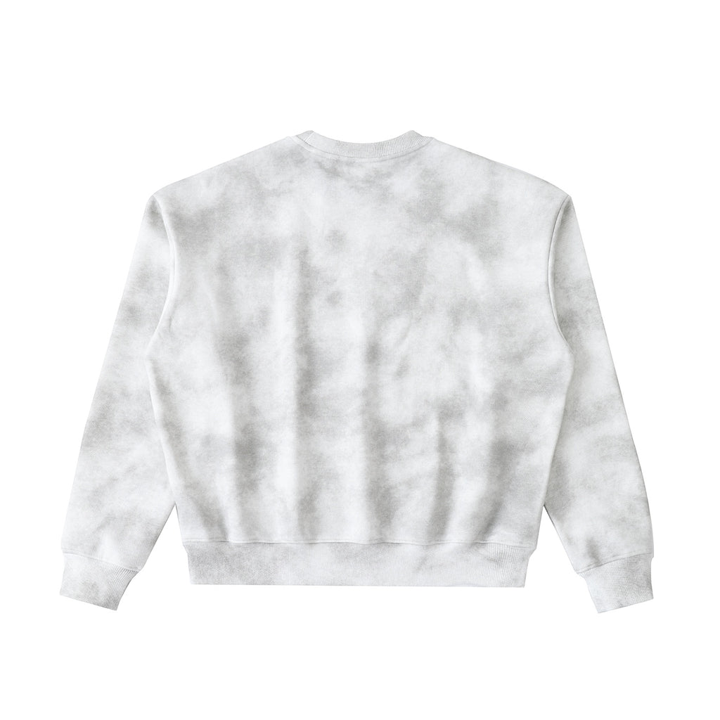 Anointed Garments unisex crewneck sweatshirt in a grey tie-dye wash with ribbed cuffs and hem, back view.