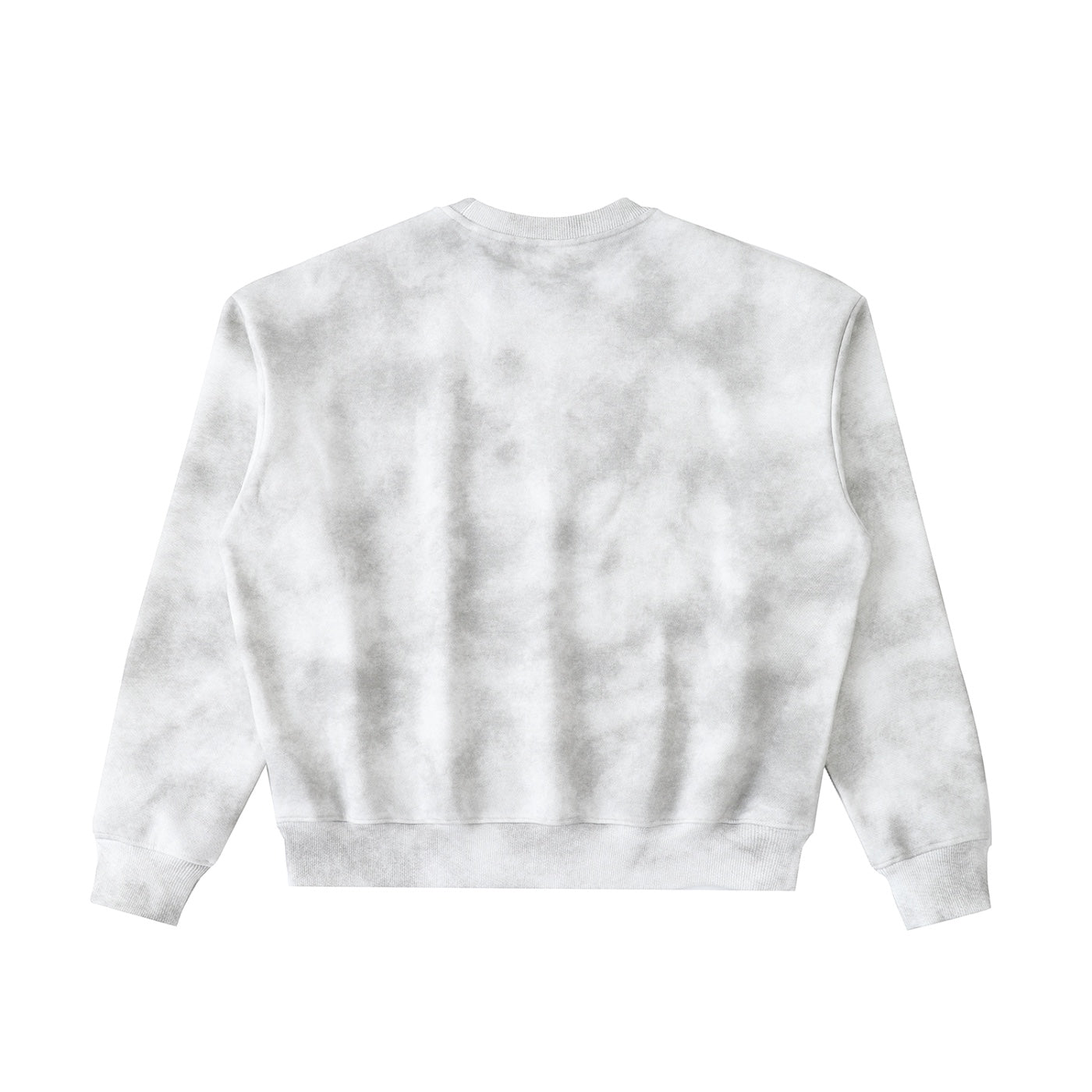 Anointed Garments unisex crewneck sweatshirt in a grey tie-dye wash with ribbed cuffs and hem, back view.