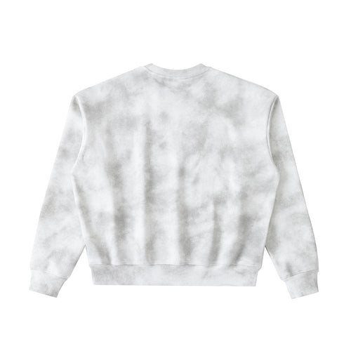Anointed Garments unisex crewneck sweatshirt in a grey tie-dye wash with ribbed cuffs and hem, back view.