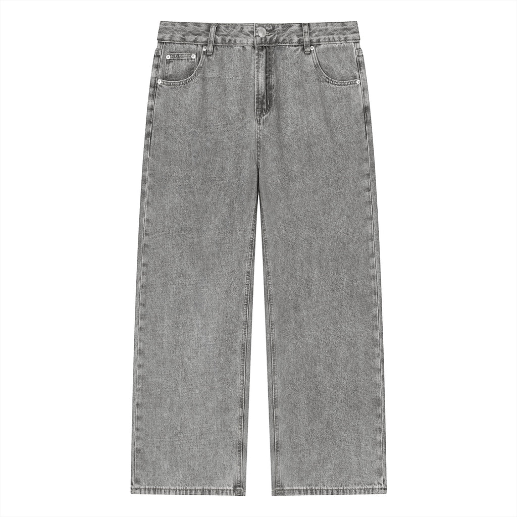 Anointed Garments unisex straight leg jeans in a grey vintage wash cotton blend with a mid-waist fit.