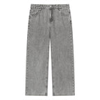 Anointed Garments unisex straight leg jeans in a grey vintage wash cotton blend with a mid-waist fit.