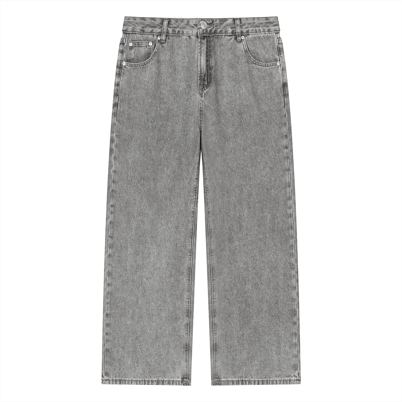 Anointed Garments unisex straight leg jeans in a grey vintage wash cotton blend with a mid-waist fit.