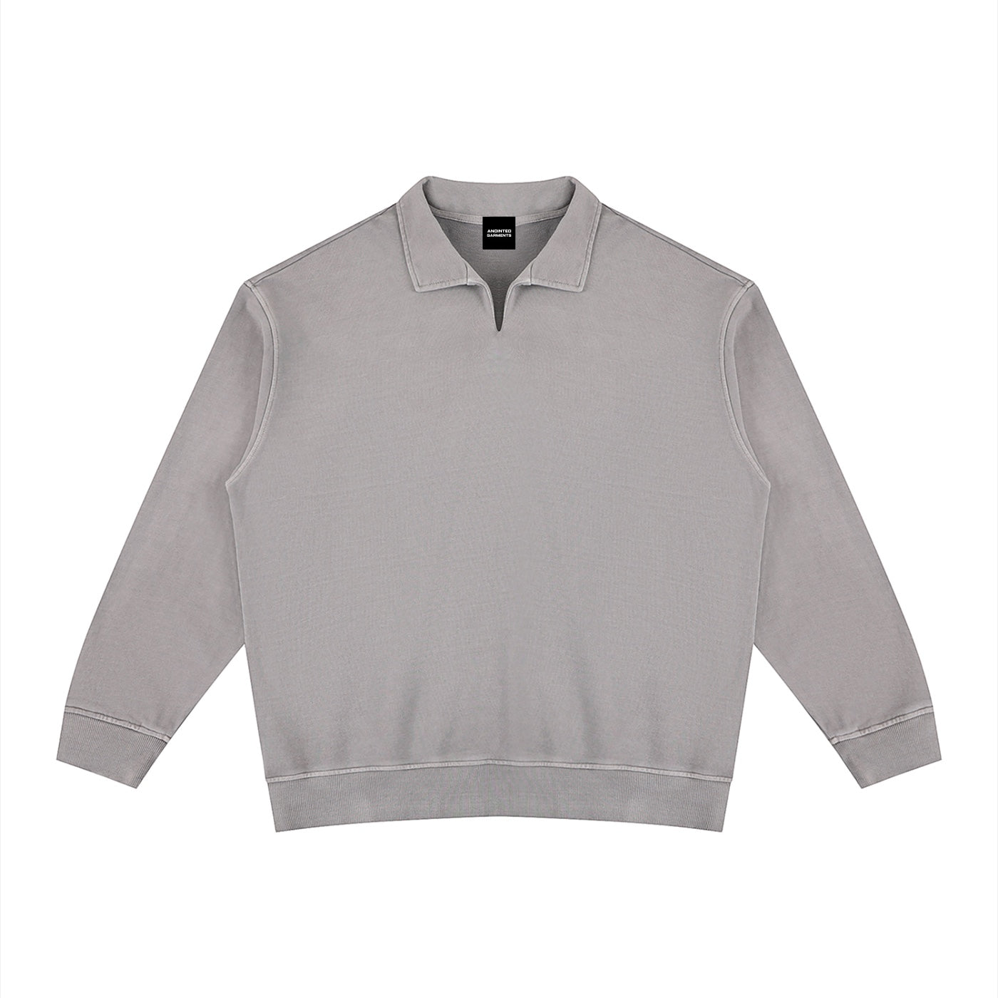 Anointed Garments unisex grey vintage wash cotton sweatshirt with a collared neckline and drop shoulder design.