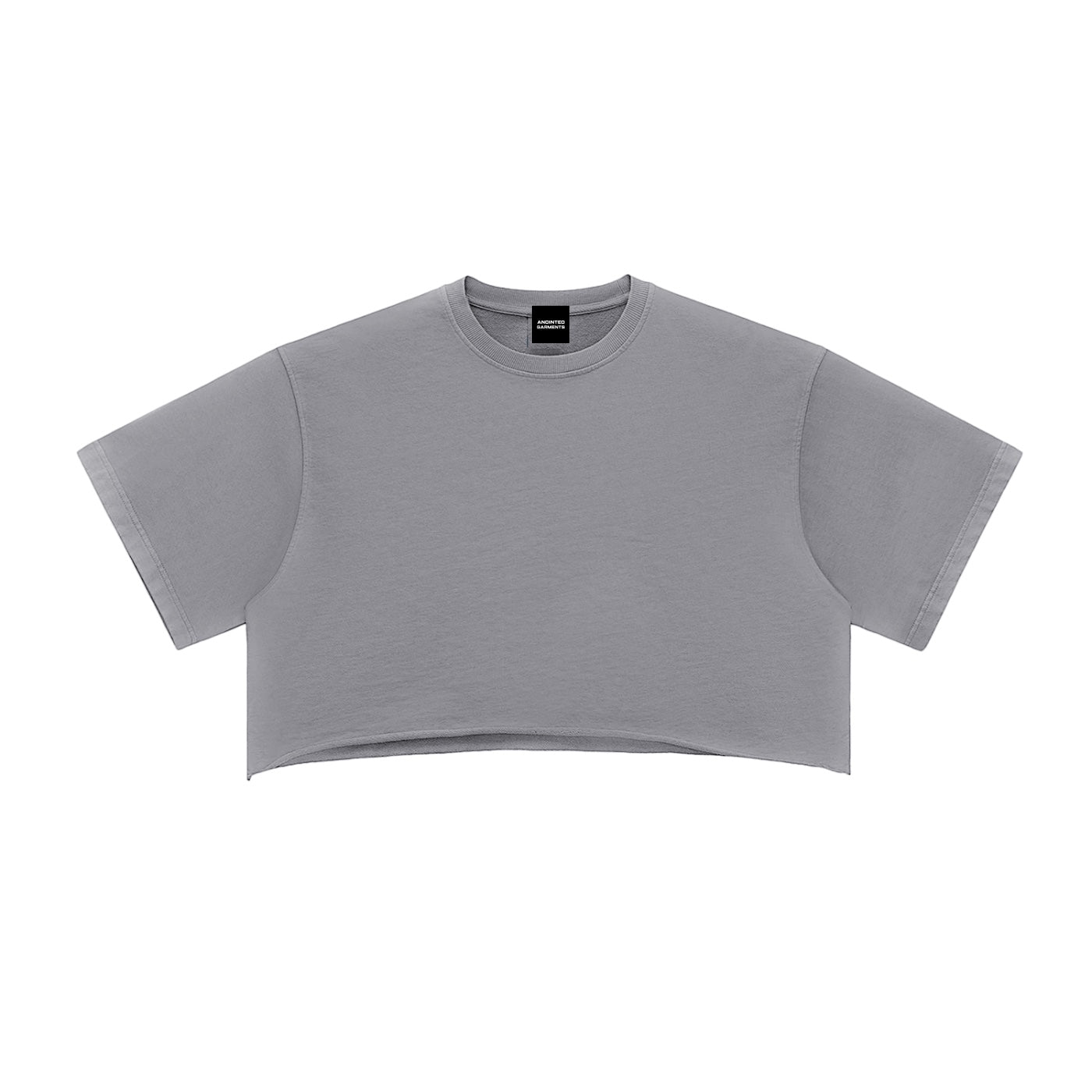Anointed Garments grey snow washed cotton crop top with a round neck, drop shoulders, and a raw hem finish.