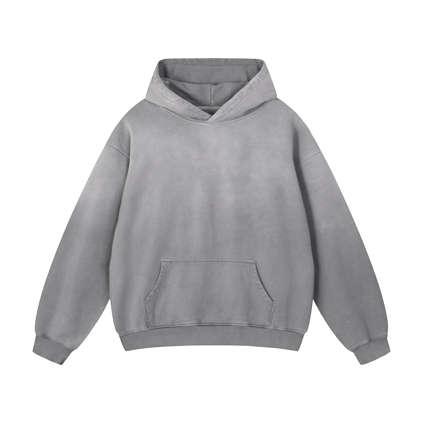 Anointed Garments grey heavyweight cotton pullover hoodie with a vintage-washed finish and front kangaroo pocket.