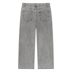Anointed Garments wide leg denim jeans in a washed grey cotton blend with a classic five-pocket design, back view.