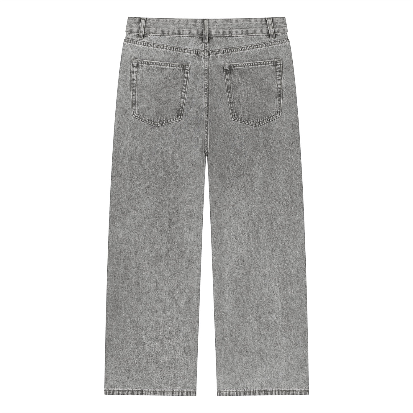 Anointed Garments wide leg denim jeans in a washed grey cotton blend with a classic five-pocket design, back view.