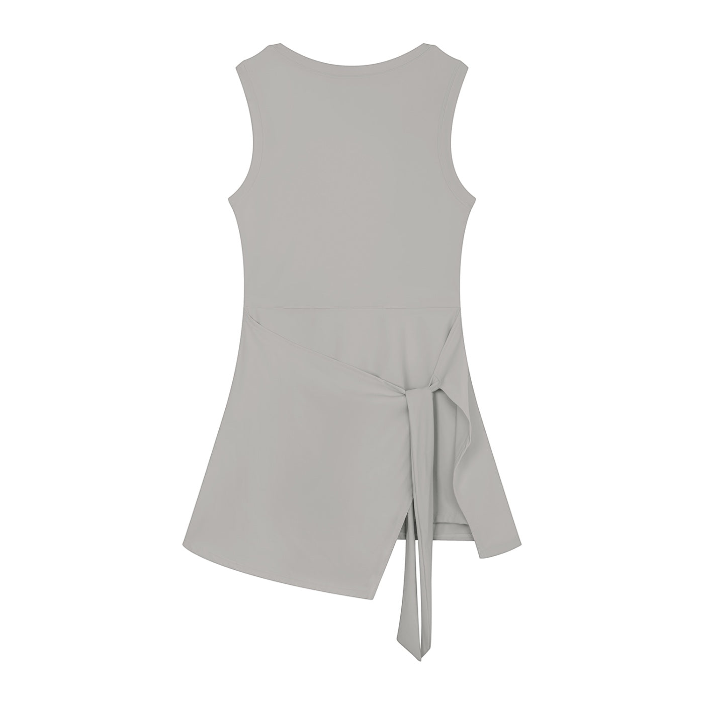 Anointed Garments sleeveless wrap tank top in light grey with a side-tie waist and scoop neckline.