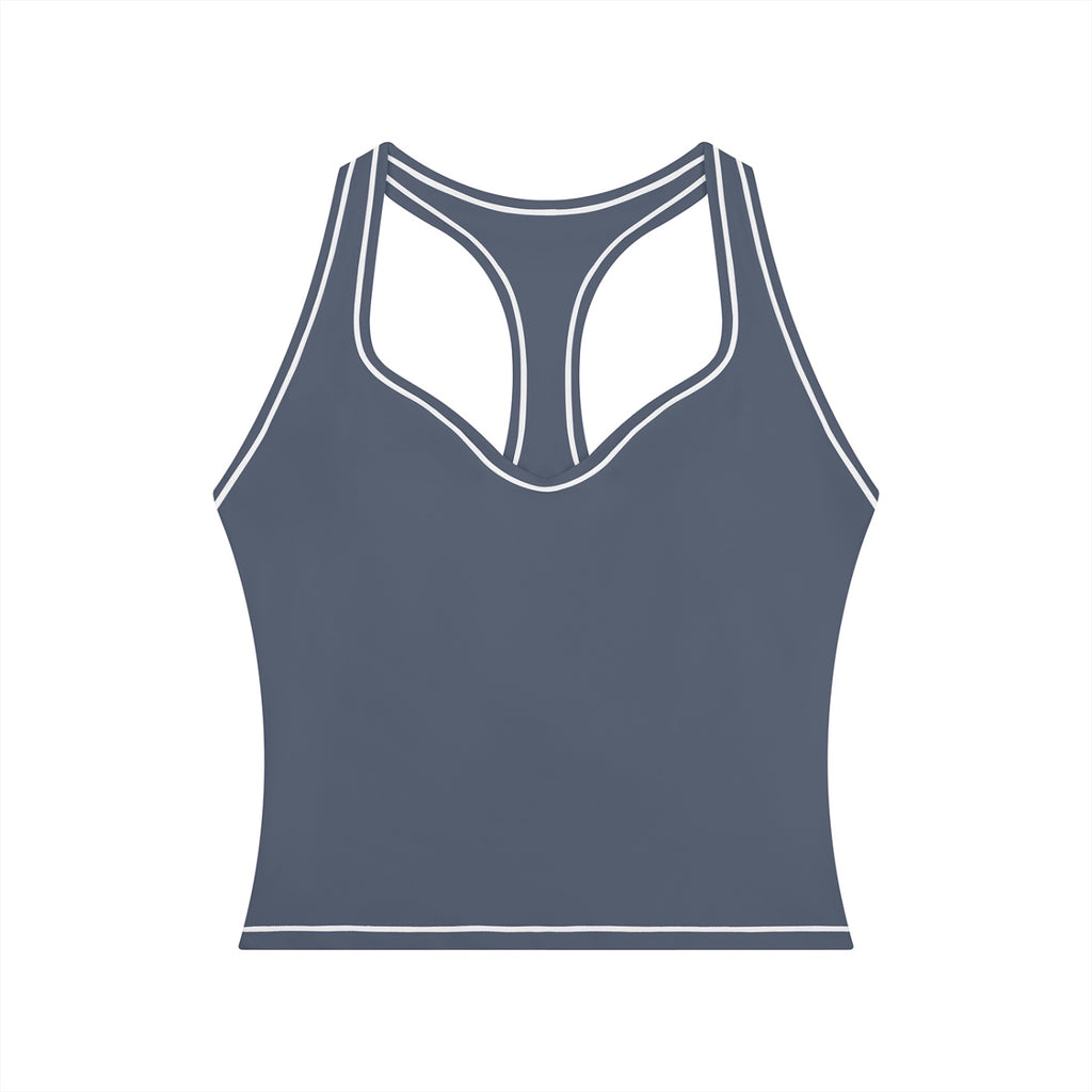 Anointed Garments women's grey yoga tank top with white topstitching, U-neck, and racerback design.