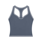 Anointed Garments women's grey yoga tank top with white topstitching, U-neck, and racerback design.