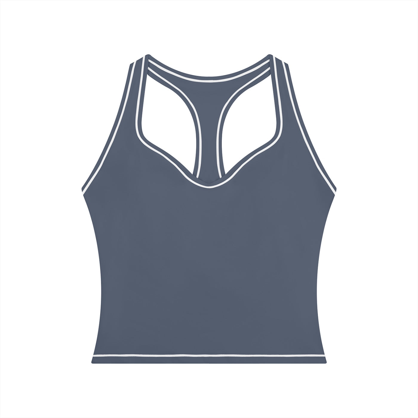 Anointed Garments women's grey yoga tank top with white topstitching, U-neck, and racerback design.