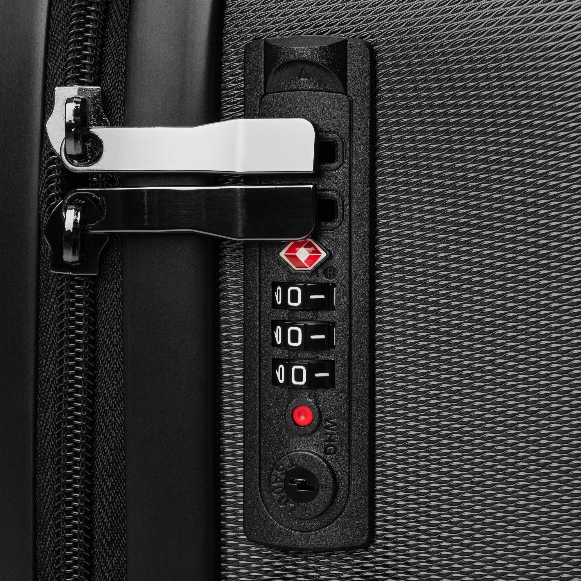 Anointed Garments black hardshell suitcase featuring a secure integrated TSA-approved combination lock and zippers.