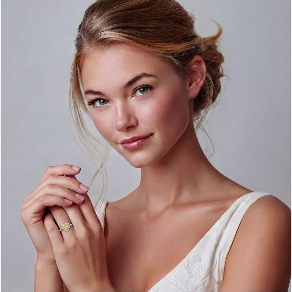 Anointed Garments Golden Heart Halo Ring featuring a heart-shaped moissanite on a platinum-plated silver band on model