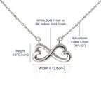 Anointed Garments heart infinity necklace with white gold finish, adjustable cable chain, and product dimensions.