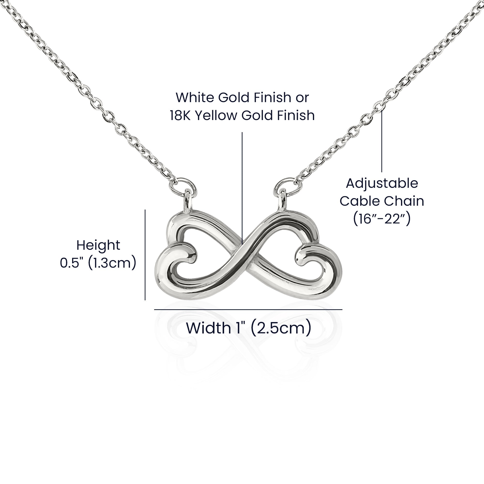 Anointed Garments heart infinity necklace with white gold finish, adjustable cable chain, and product dimensions.