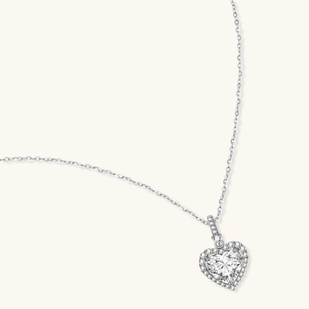 Anointed Garments Heart of Light necklace featuring a 1-carat heart-shaped moissanite in platinum-plated silver.