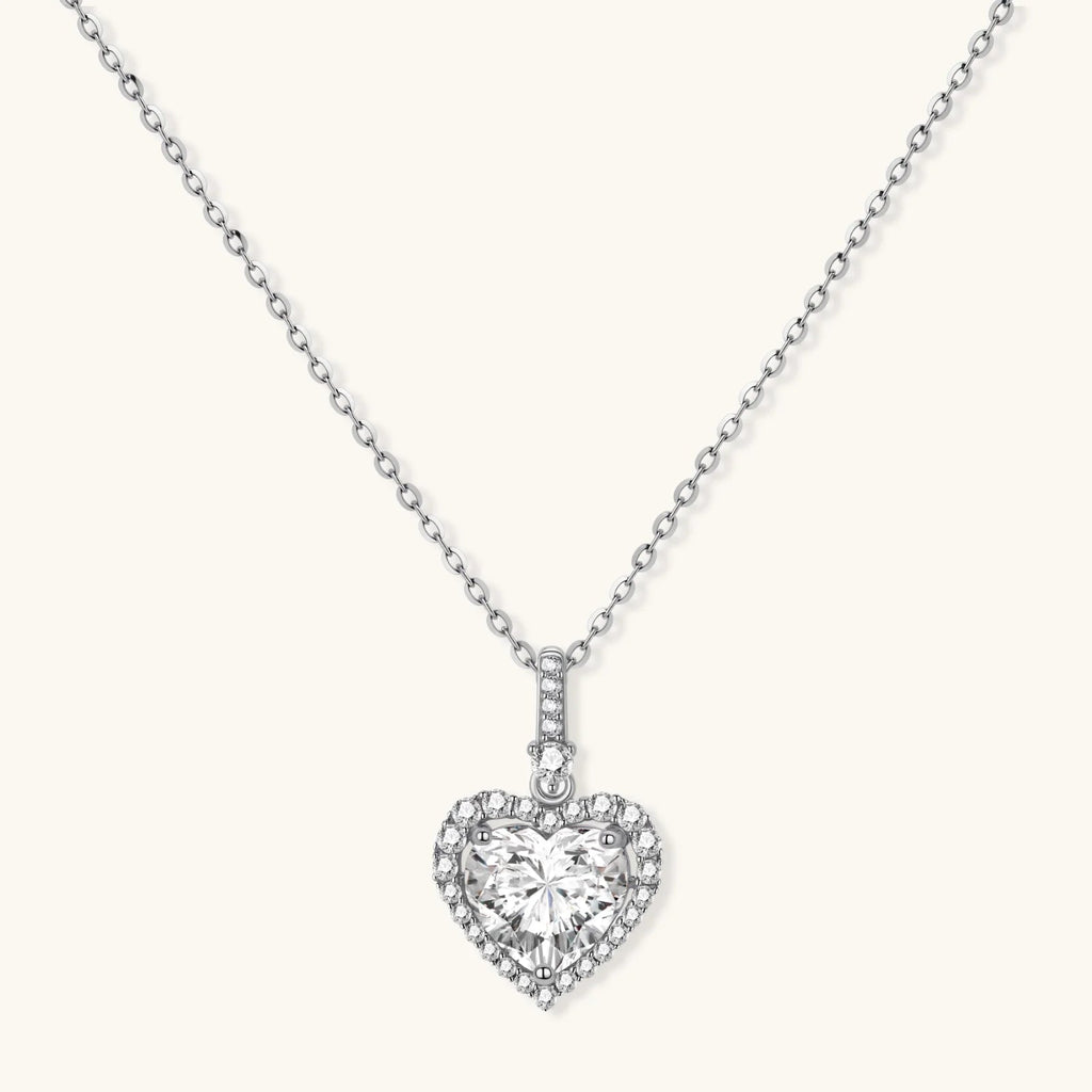 Anointed Garments heart-shaped moissanite pendant necklace in platinum-plated 925 sterling silver with a delicate chain.