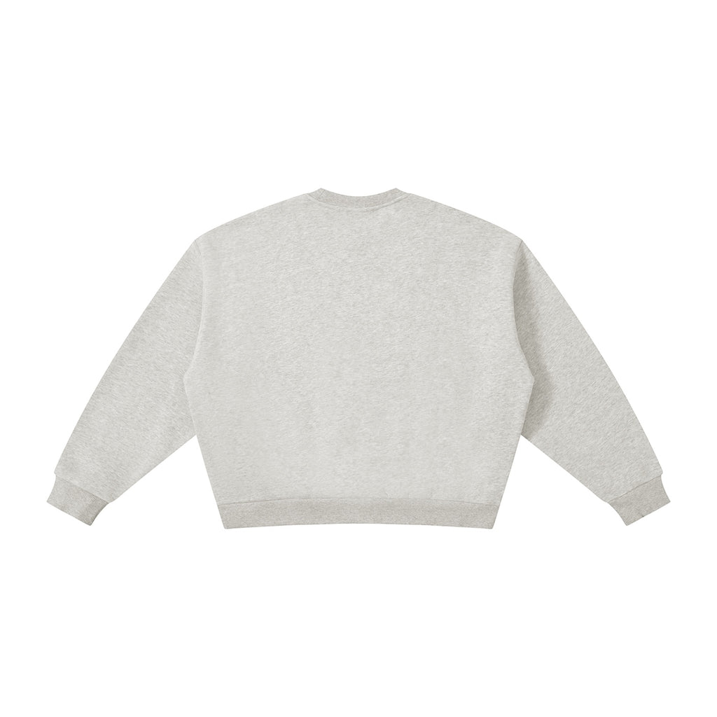 Back view of Anointed Garments heather grey heavyweight cotton blend crewneck sweatshirt with ribbed cuffs and hem.