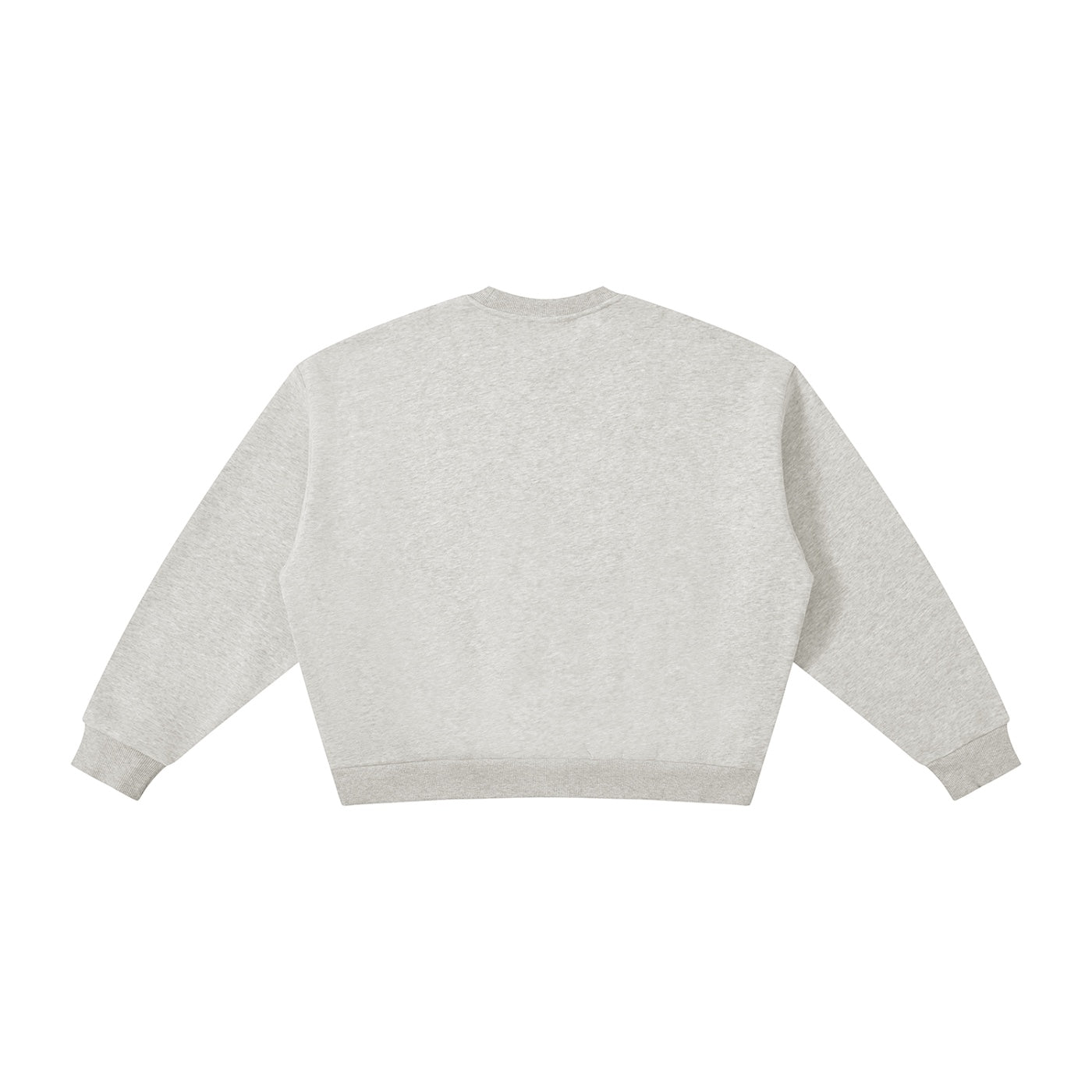 Back view of Anointed Garments heather grey heavyweight cotton blend crewneck sweatshirt with ribbed cuffs and hem.