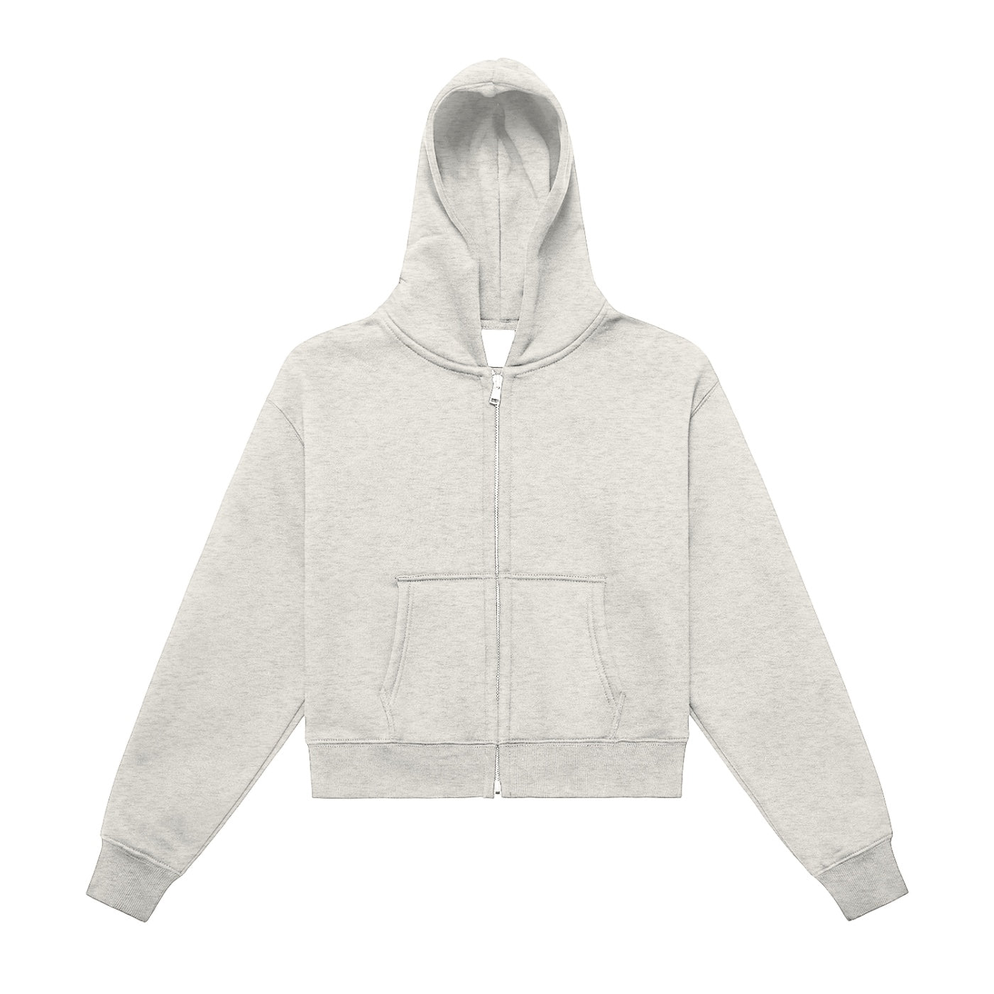 Anointed Garments heather grey cropped full zip hoodie with a spacious hood, front pockets, and ribbed cuffs.