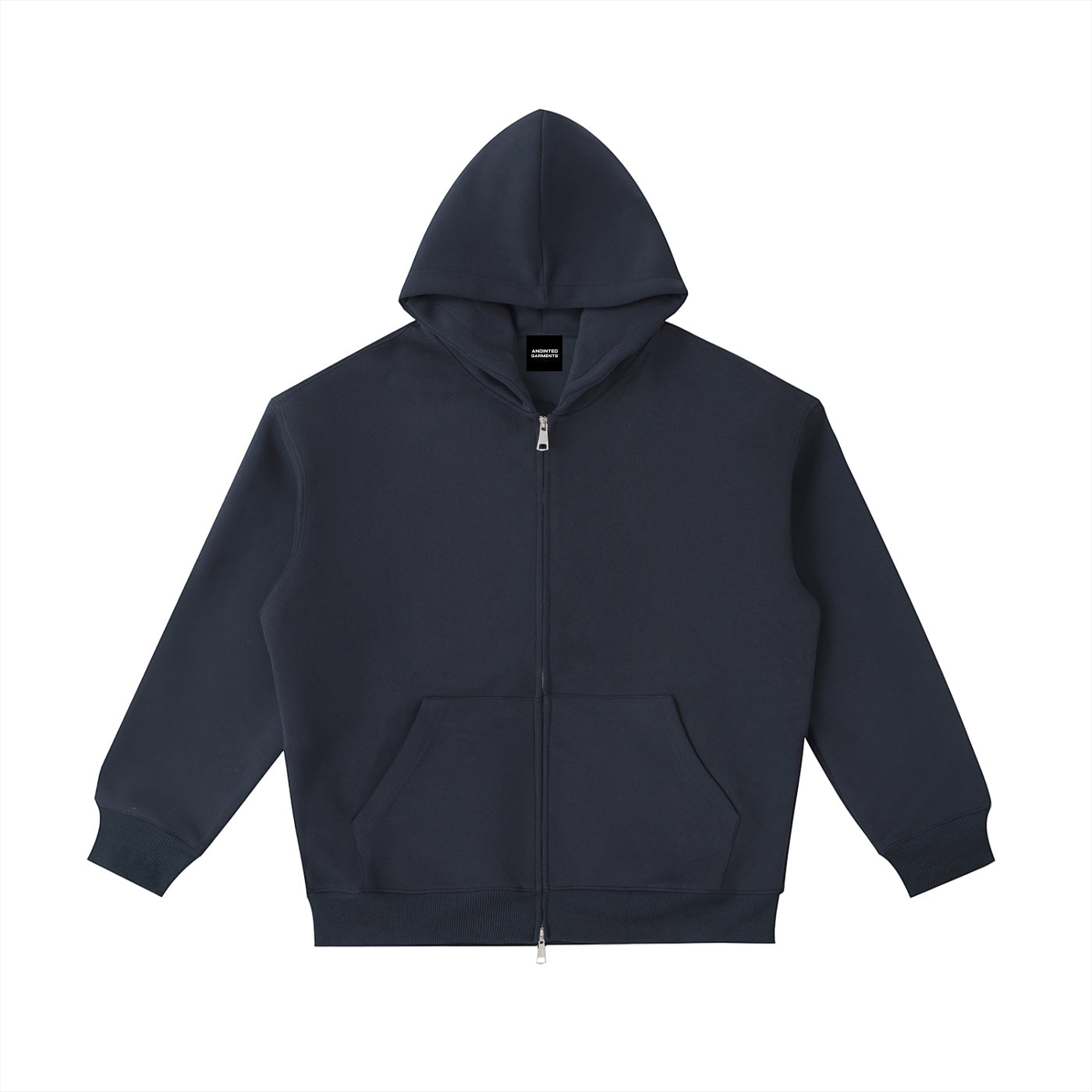 Anointed Garments heavyweight black zip-up hoodie with a hood, front pockets, and drop shoulder design.