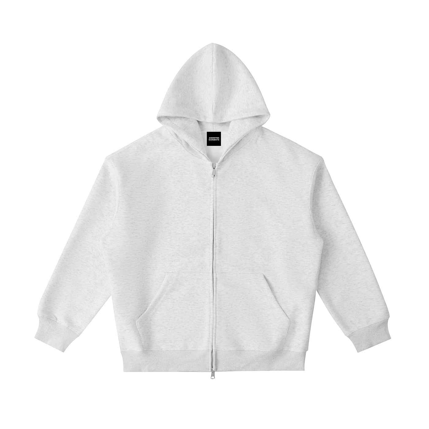 Anointed Garments heavyweight grey heather cotton blend zip-up hoodie with drop shoulders and front pockets.