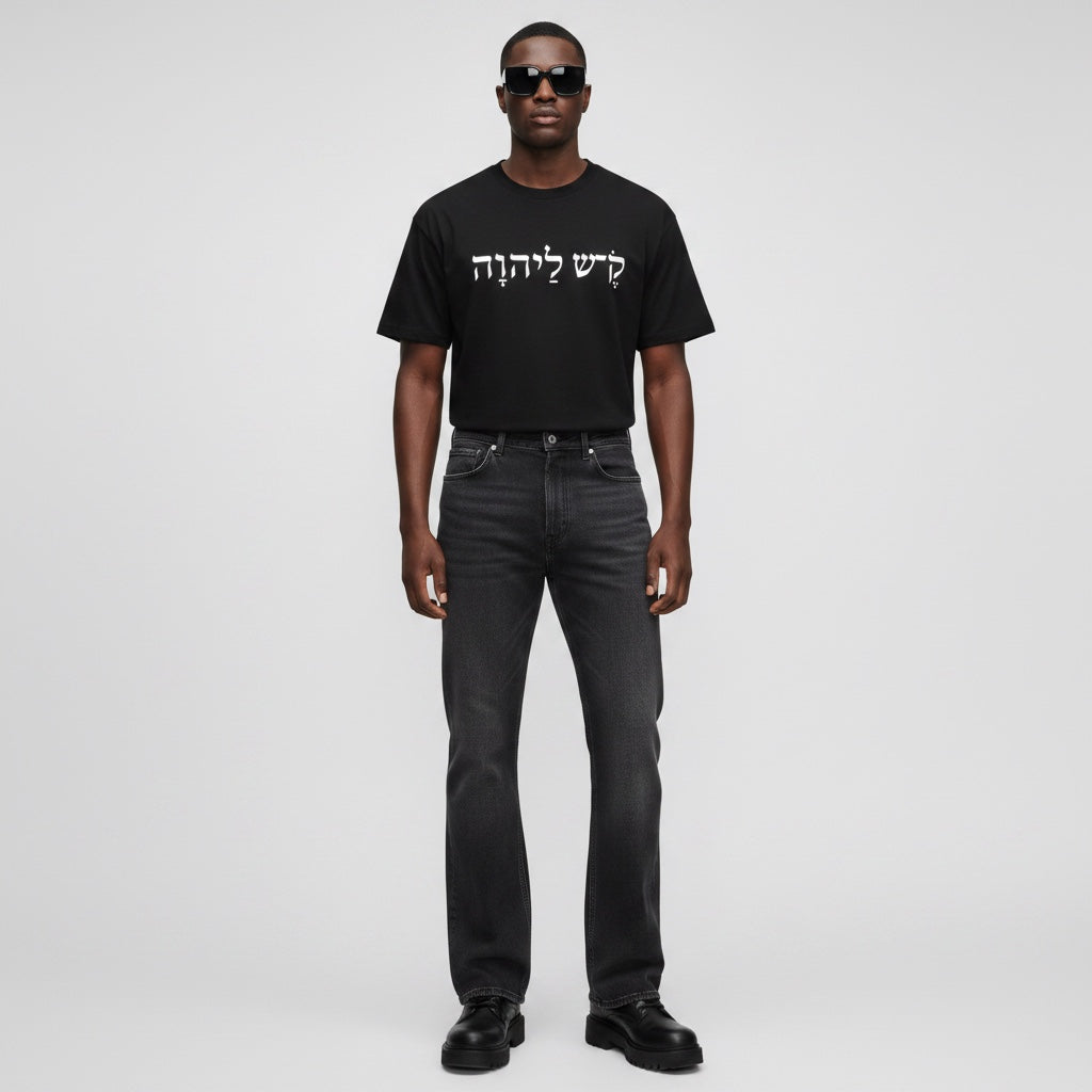 Model wearing Anointed Garments black cotton t-shirt with white Hebrew script graphic, styled with dark denim jeans.