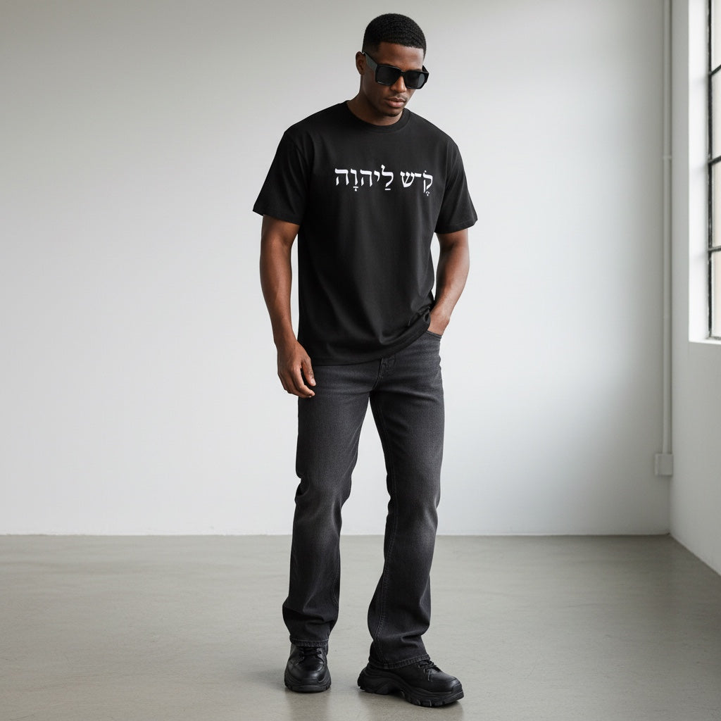 A man wearing an Anointed Garments black cotton t-shirt with white Hebrew script, paired with dark jeans and sunglasses.
