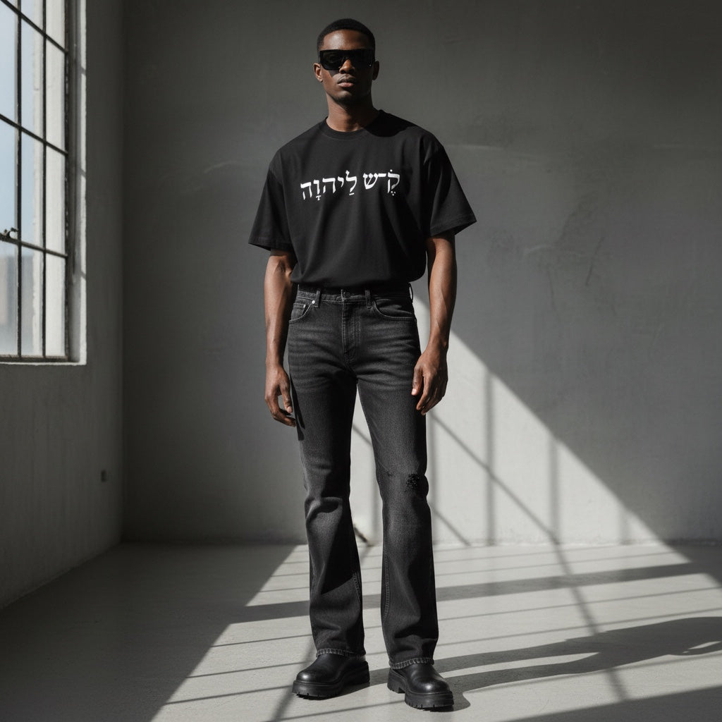 A model wearing an Anointed Garments black cotton t-shirt with white Hebrew script graphic, paired with dark jeans.