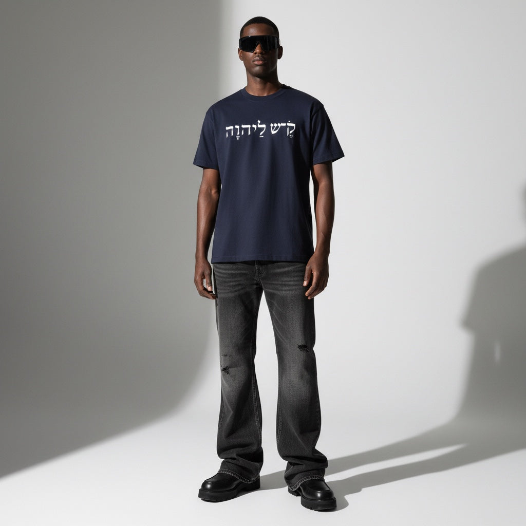 Model wearing Anointed Garments charcoal gray cotton t-shirt with white Hebrew script graphic and black sunglasses