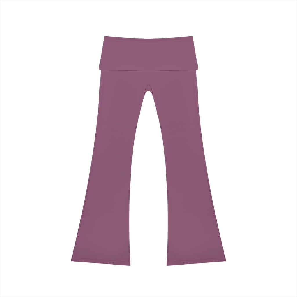 Anointed Garments high rise flared yoga pants in a solid mauve colour made from stretchy nylon and spandex fabric.
